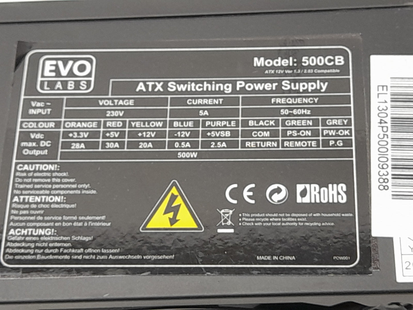 EVO Labs 500W ATX Desktop Power Supply Unit 500CB