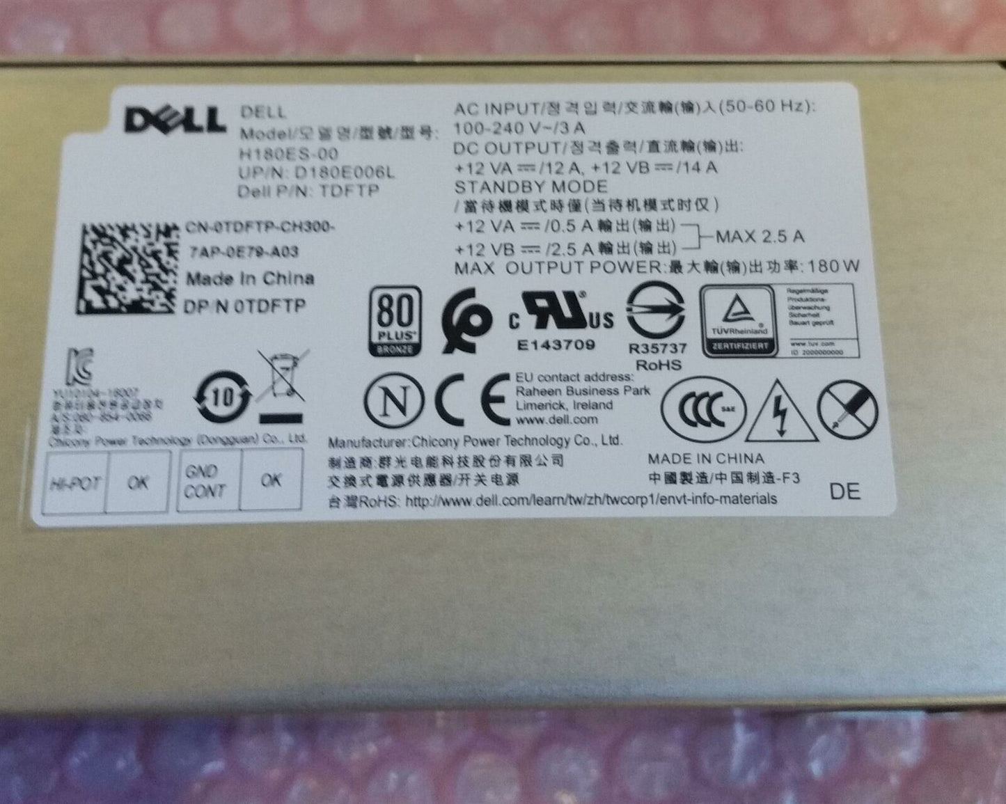 Dell Precision 3420 SFF 180W Power Supply Unit 0TDFTP TDFTP