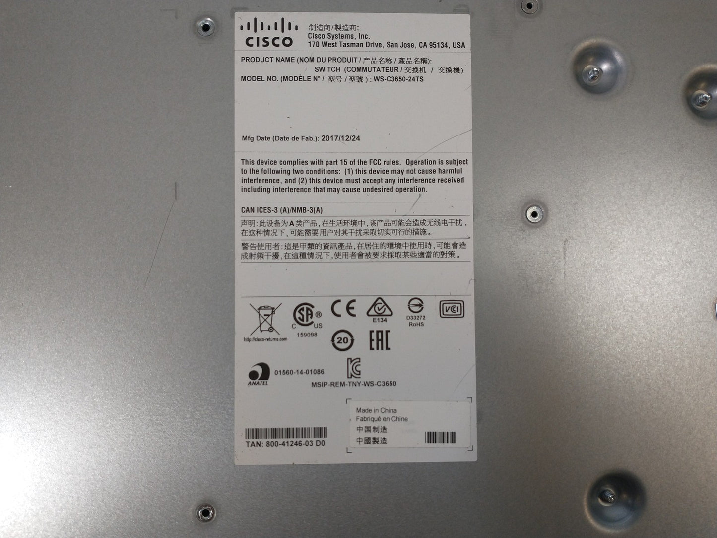 Cisco WS-C3650-24TS-E V04 24 Port Gigabit Managed Network Switch