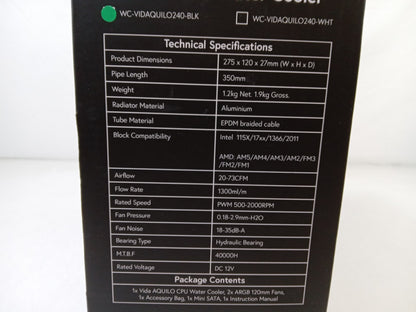 Vida AQUILO 240mm Intel/AMD CPU Black Water Cooler WC-VIDAQUILO240-BLK