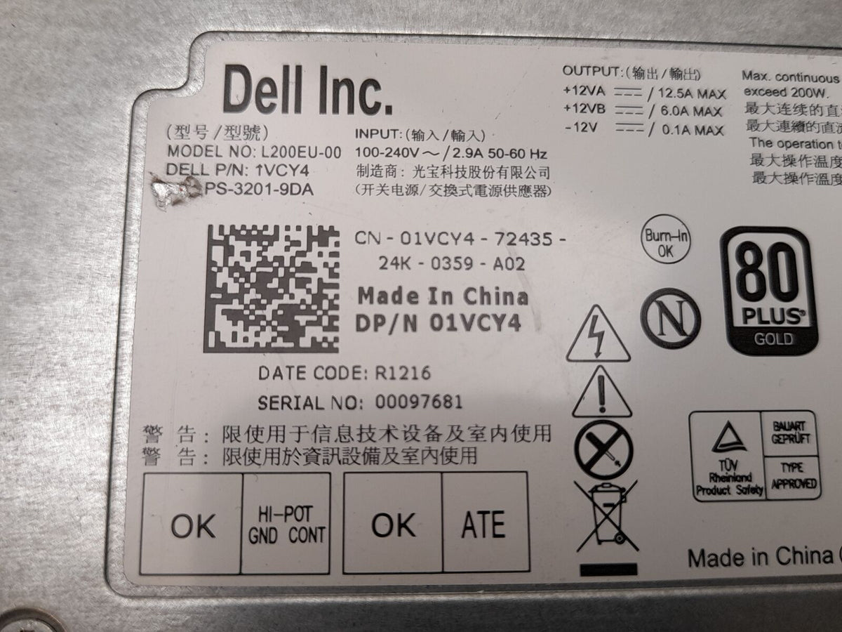 Dell OptiPlex 7010 9010 780 790 990 200W Power Supply Unit 01VCY4 1VCY4