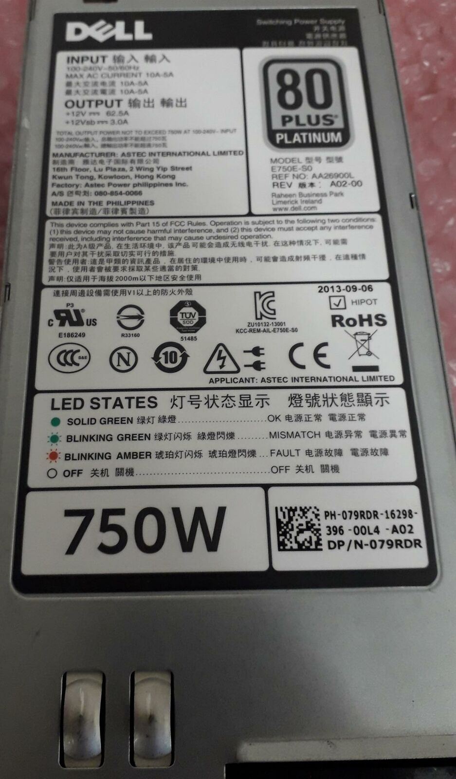 Dell PowerEdge R520 R720 750W Power Supply Unit 079RDR 79RDR