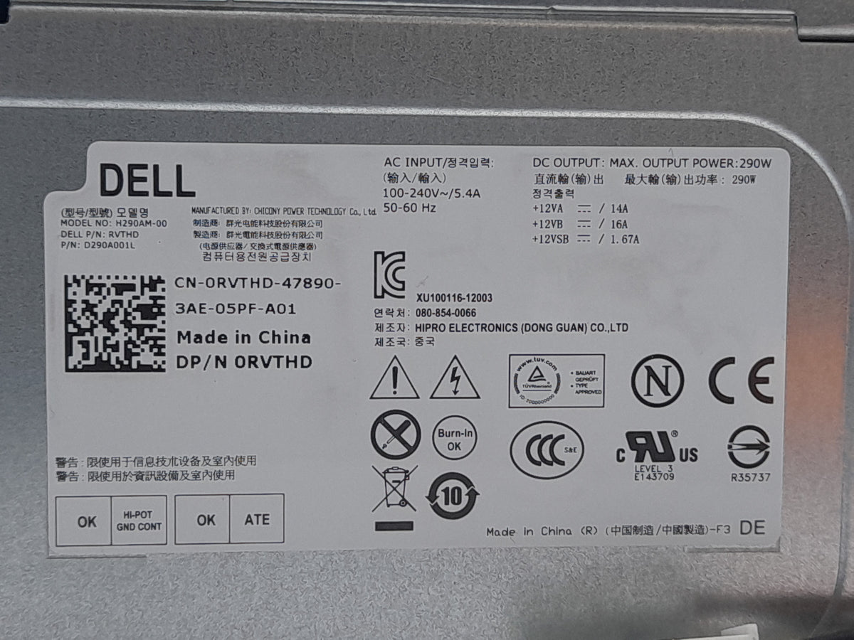 Dell OptiPlex 3020 7020 9020 290W Power Supply Unit 0RVTHD RVTHD