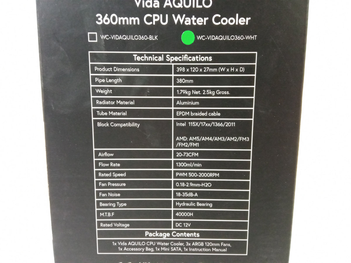 Vida AQUILO 360MM Intel / AMD CPU White Water Cooler and 3x 120mm Cooling Fans 