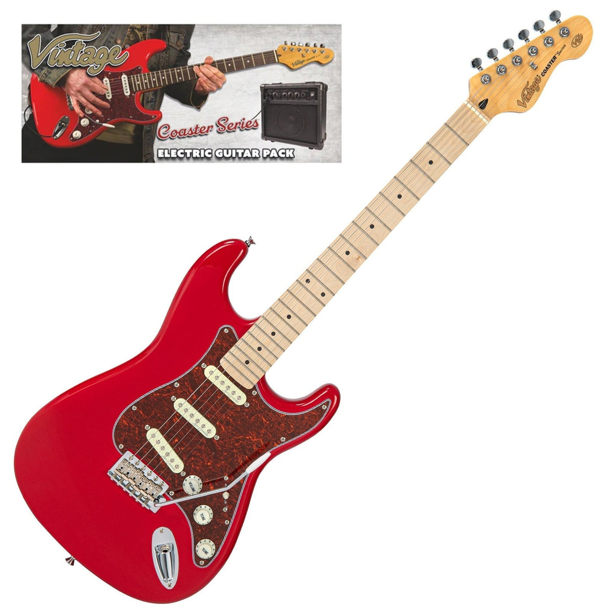 Vintage V60 VIP-V60MRD Maple Coaster Series Electric Guitar Pack ~ Gloss Red