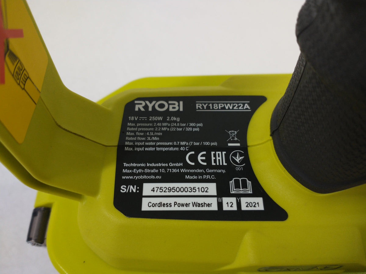 Ryobi ONE+ RY18PW22A-0 18v Cordless 22Bar Power Pressure Washer - Tool Only