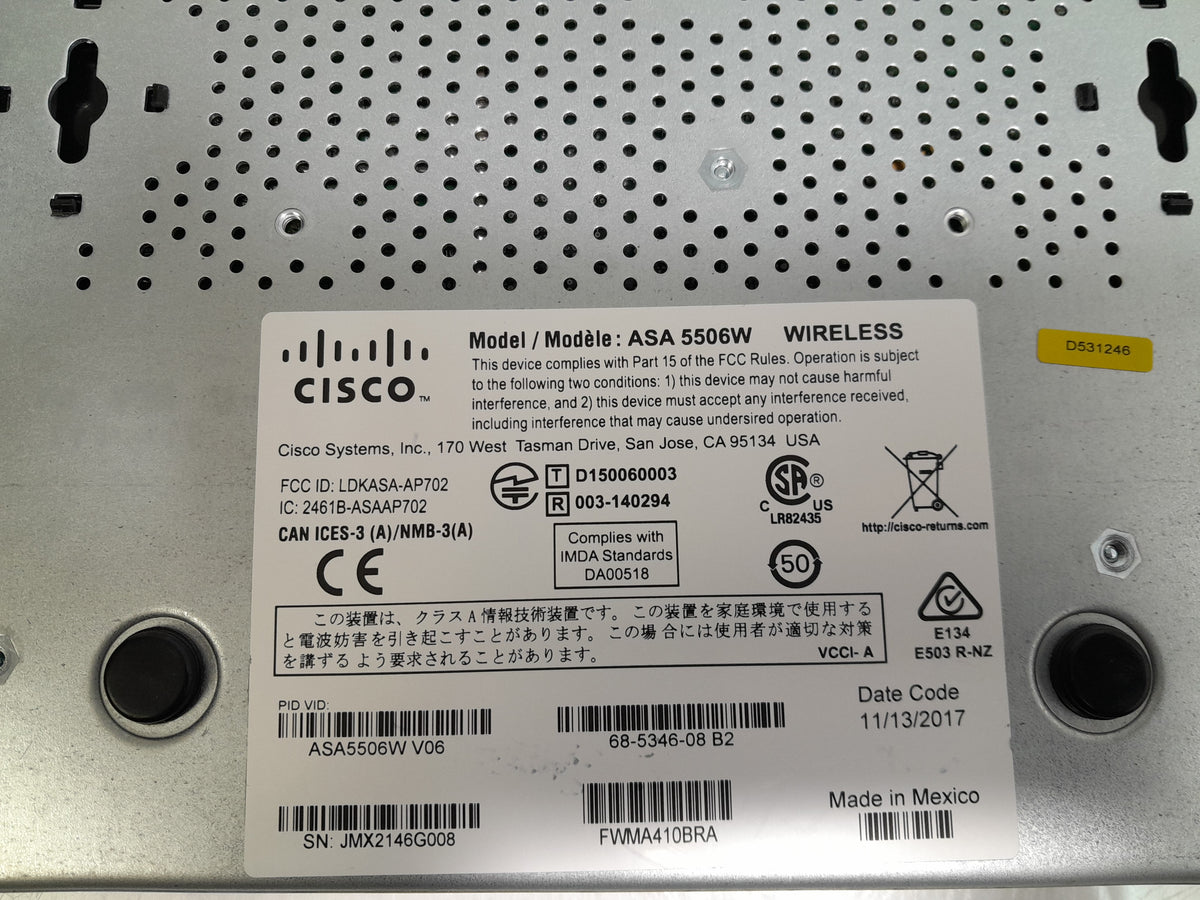 Cisco ASA 5506W-X V06 Wireless Next-Gen Firewall - K8 - 8-Port GE