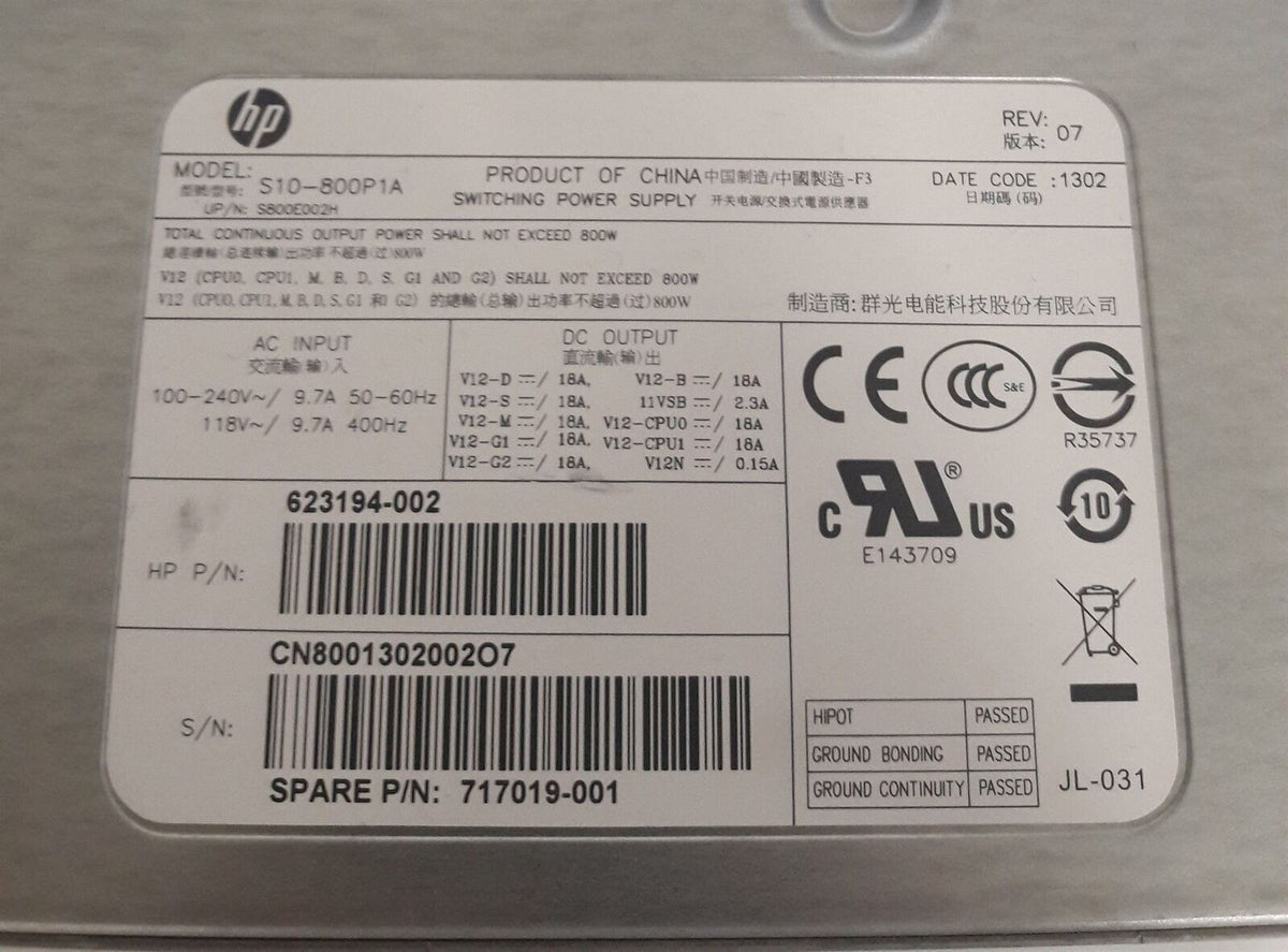 HP Z620 Workstation 800W Power Supply Unit 623194-002 717019-001