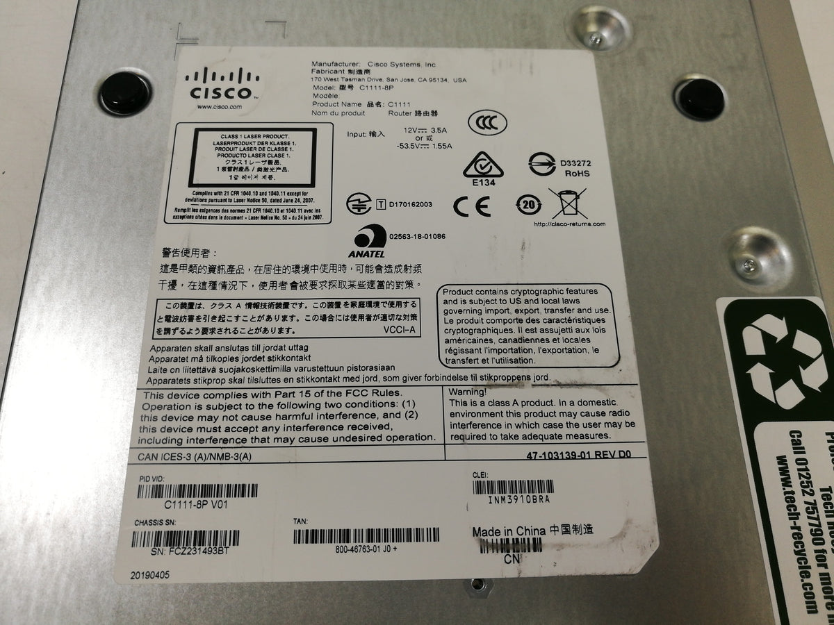 Cisco C1111-8P V01 ISR 1100 Series Cisco Systems Integrated Services Router No Power Supply