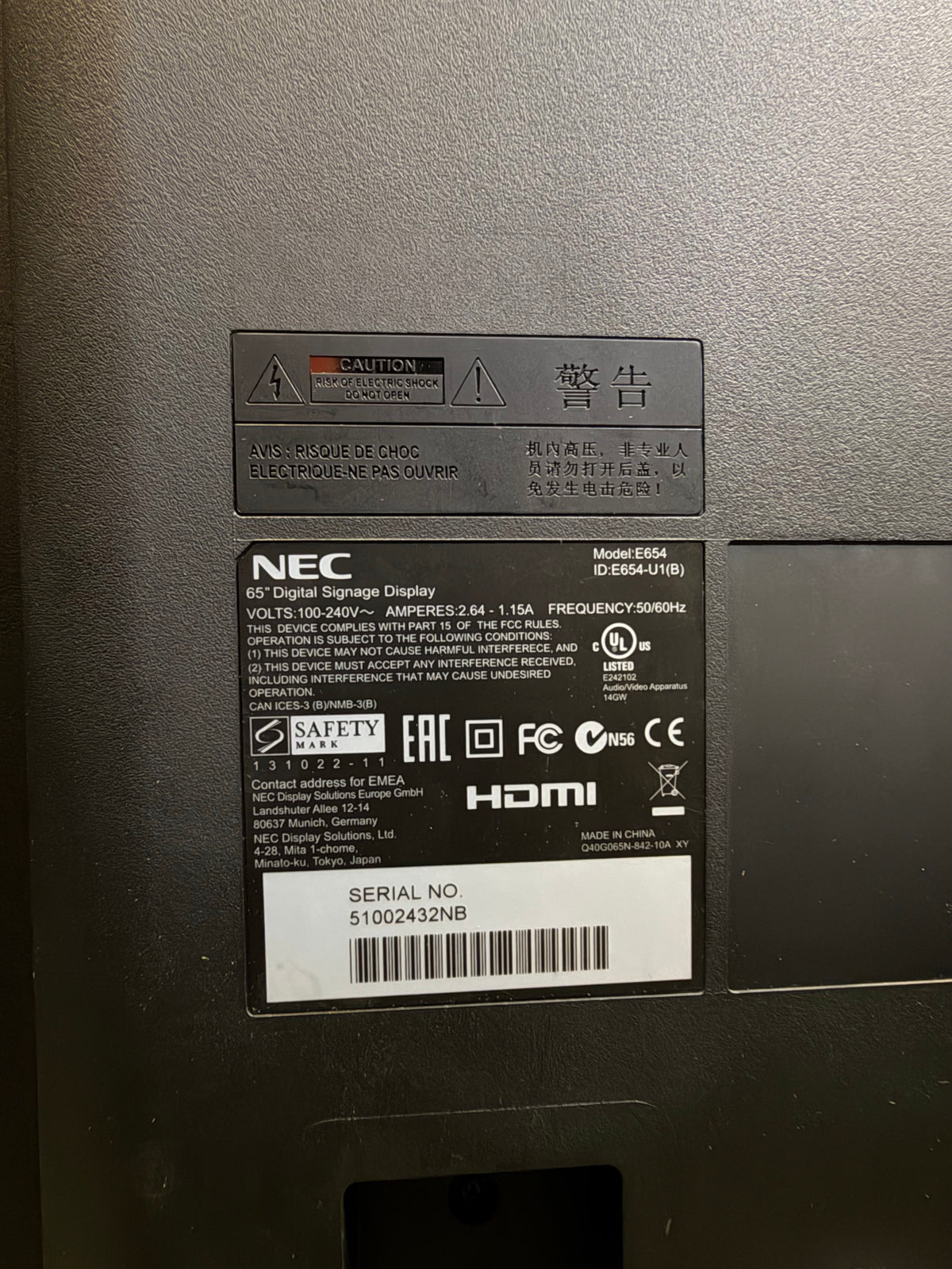 NEC MultiSync E654 65" 1080p Digital Signage Display HDMI VGA Stand Remote