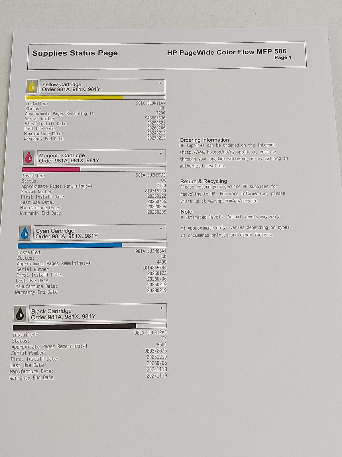 HP PageWide Enterprise Color Flow MFP 586z G1W41A A4 Colour Printer