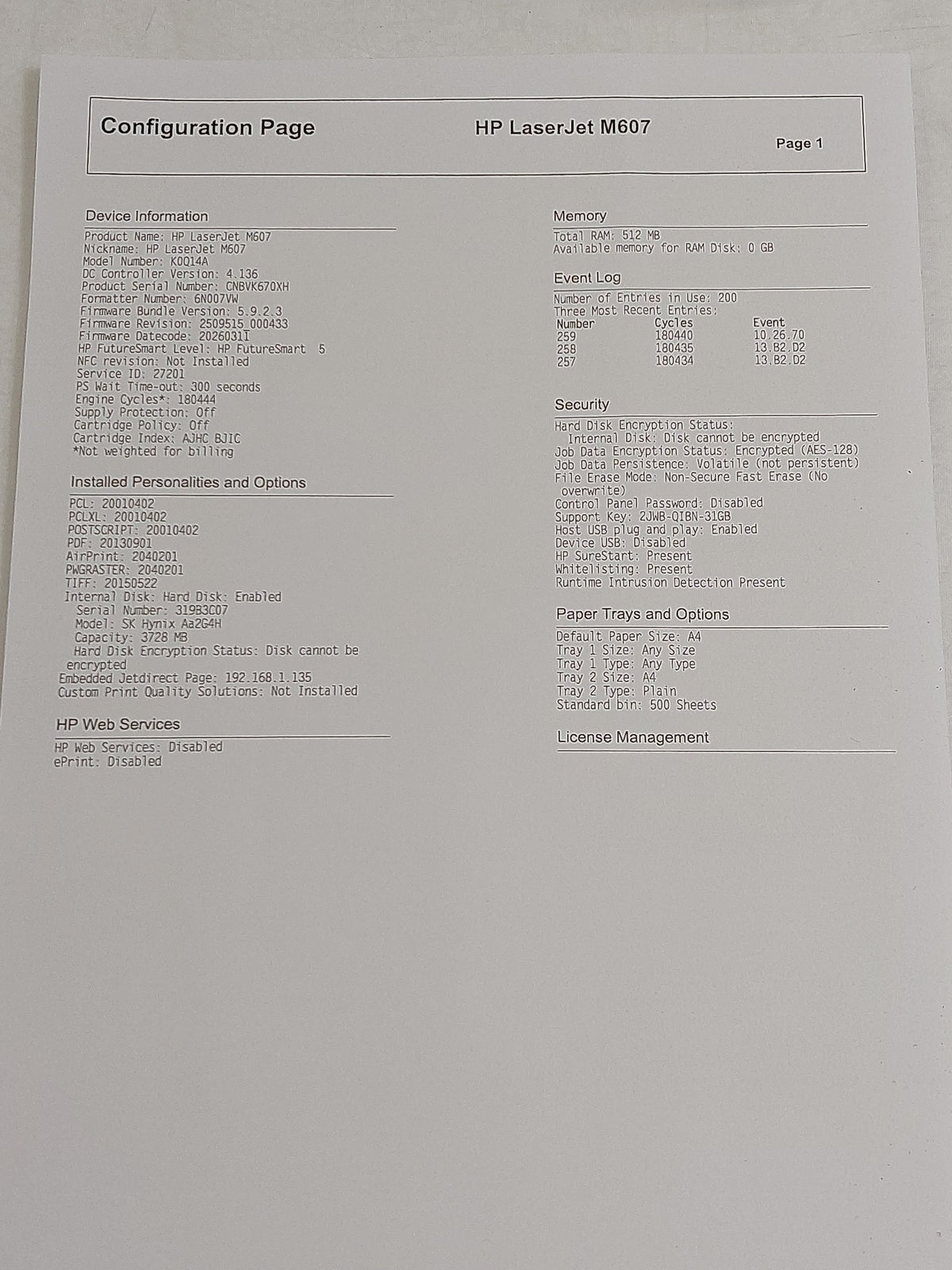HP LaserJet Enterprise M607 A4 Mono Network Laser Printer 52ppm 1200dpi
