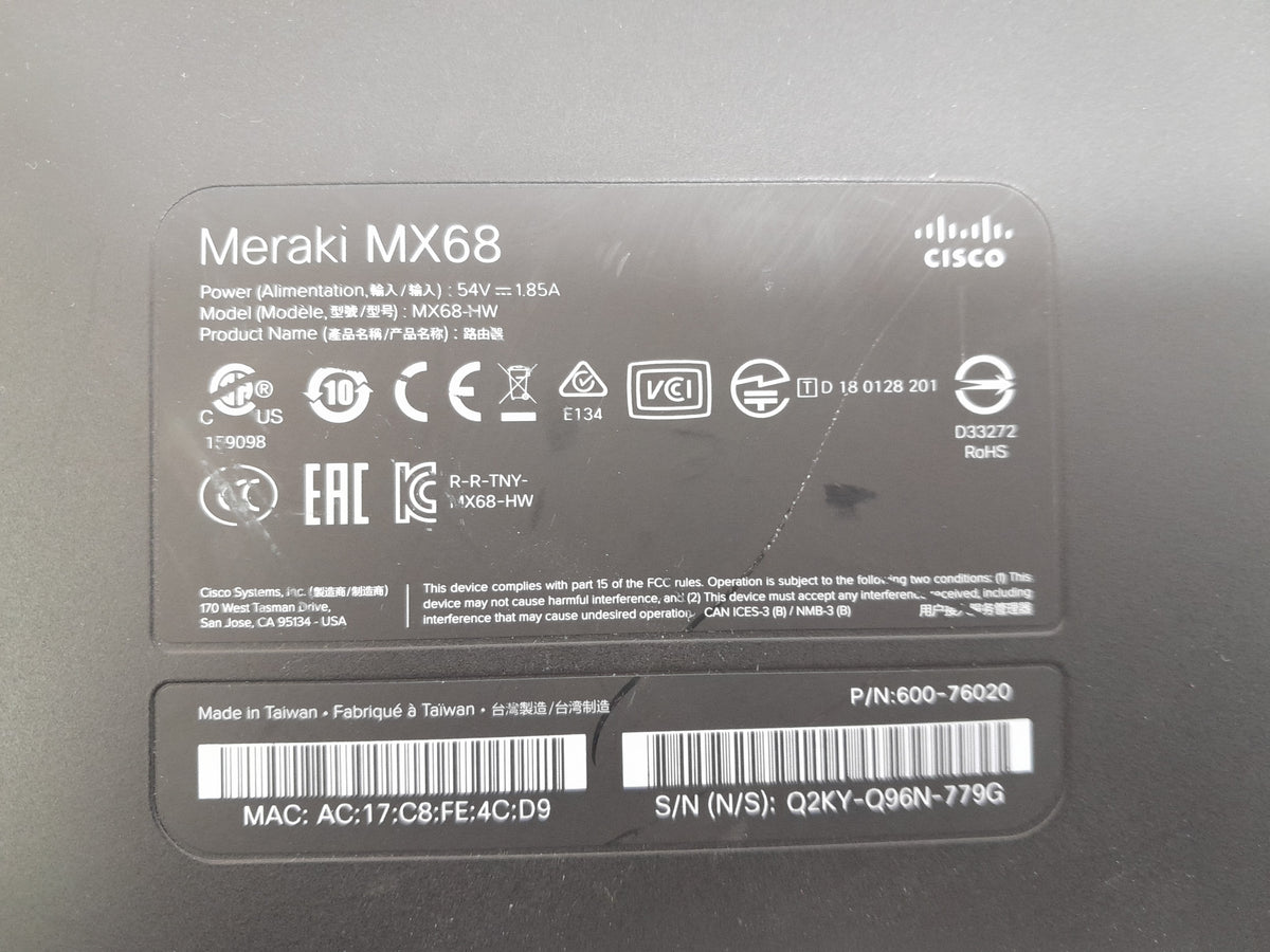 Cisco Meraki MX68Cloud‑Managed Security Firewall & SD‑WAN Appliance (MX68‑HW)