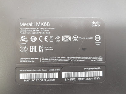 Cisco Meraki MX68Cloud‑Managed Security Firewall & SD‑WAN Appliance (MX68‑HW)
