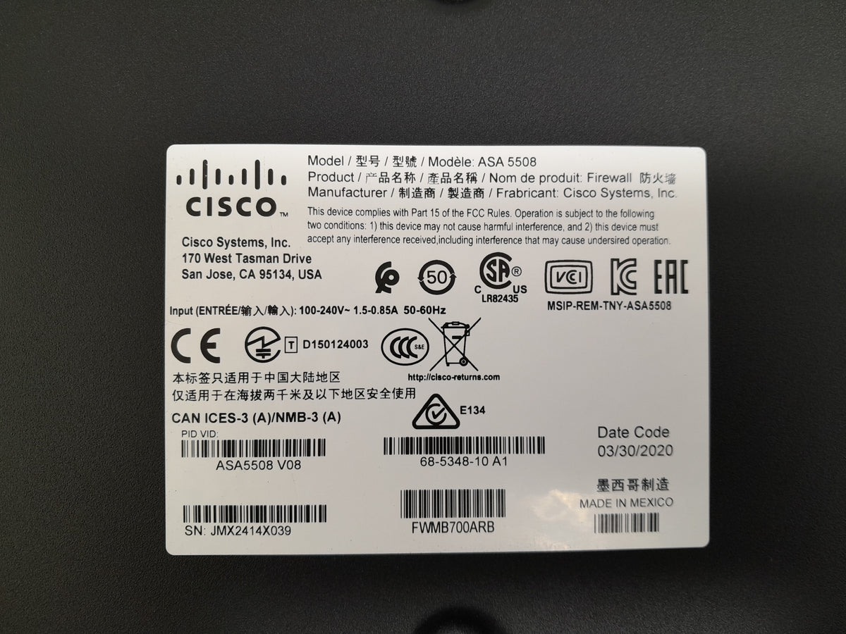 Cisco ASA 5508-X Next-Generation Firewall Security Appliance (ASA5508 V08)