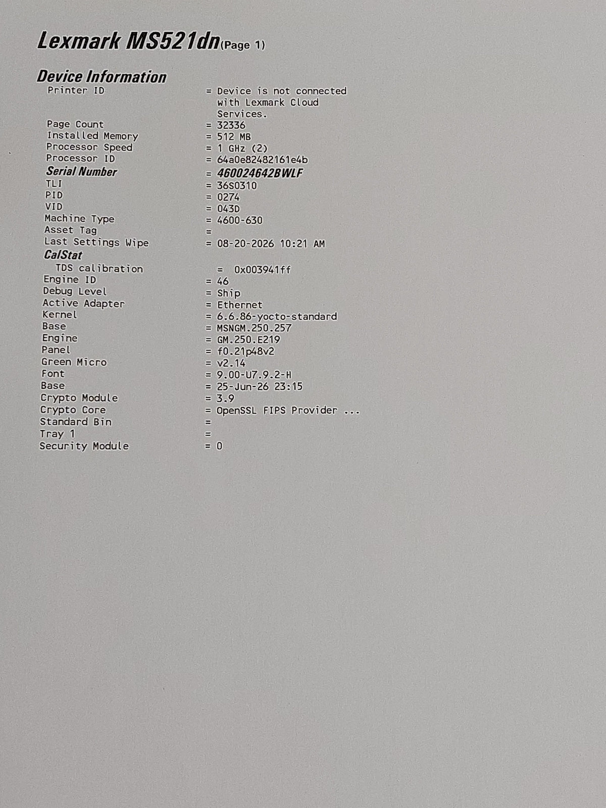 Lexmark MS521dn 36S0308 A4 Mono Laser Printer Duplex Network 32,337 Pages