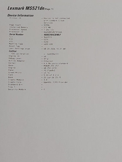 Lexmark MS521dn 36S0308 A4 Mono Laser Printer Duplex Network 32,337 Pages