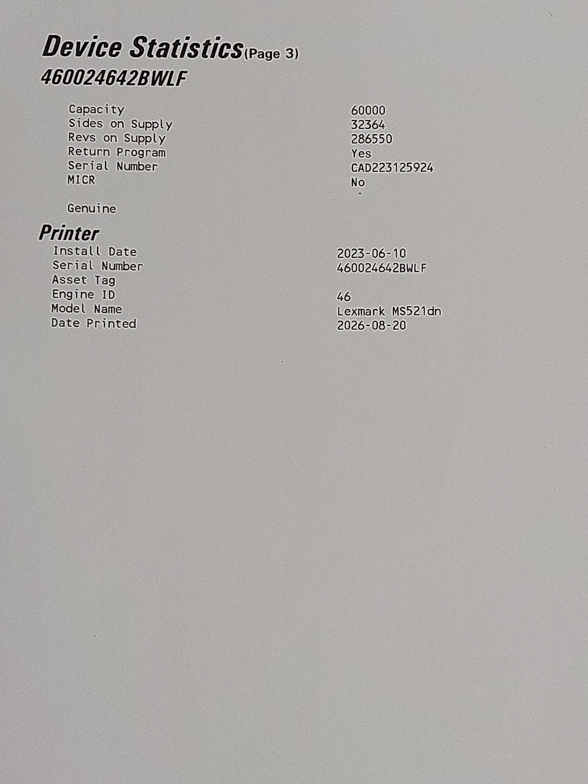 Lexmark MS521dn 36S0308 A4 Mono Laser Printer Duplex Network 32,337 Pages