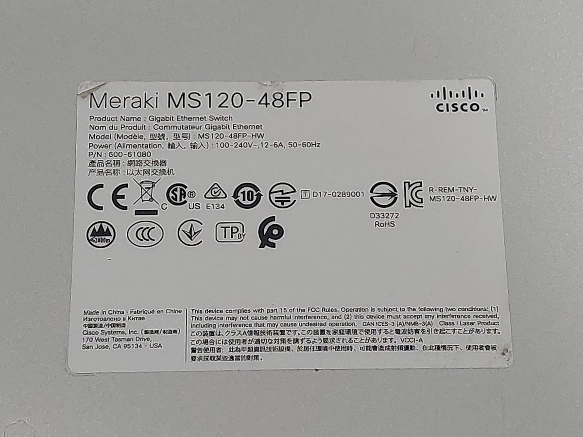 Cisco Meraki MS120-48FP-HW 48-Port Gigabit PoE+ 740W Managed Switch