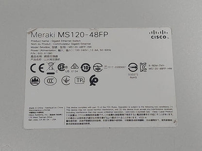 Cisco Meraki MS120-48FP-HW 48-Port Gigabit PoE+ 740W Managed Switch
