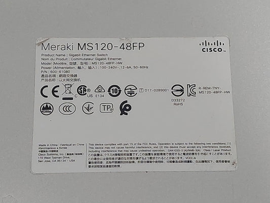 Cisco Meraki MS120-48FP-HW 48-Port Gigabit PoE+ 740W Managed Switch