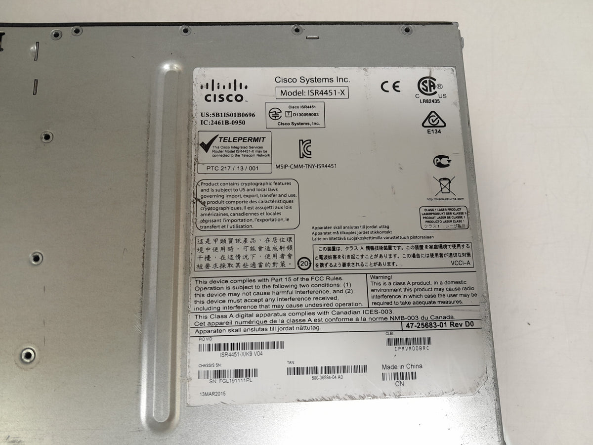 Cisco ISR4451-X/K9 V04 Router 2x NIM-4MFT-T1/E1 Voice WAN Modules