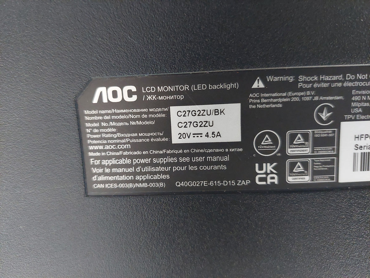 AOC C27G2ZU/BK 27in FHD 240Hz 0.5ms Curved Gaming Monitor HDMI DP Stand PSU