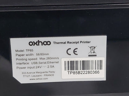Oxhoo TP85 80mm Thermal POS Receipt Printer USB Serial Ethernet PSU Tested