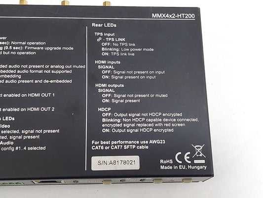 Lightware MMX4x2-HT200 4x2 4K HDMI HDBaseT Matrix Switcher PSU Power Tested