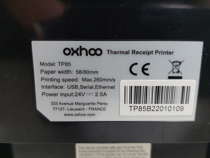 Oxhoo TP85 80mm Thermal POS Receipt Printer USB Serial Ethernet PSU Tested