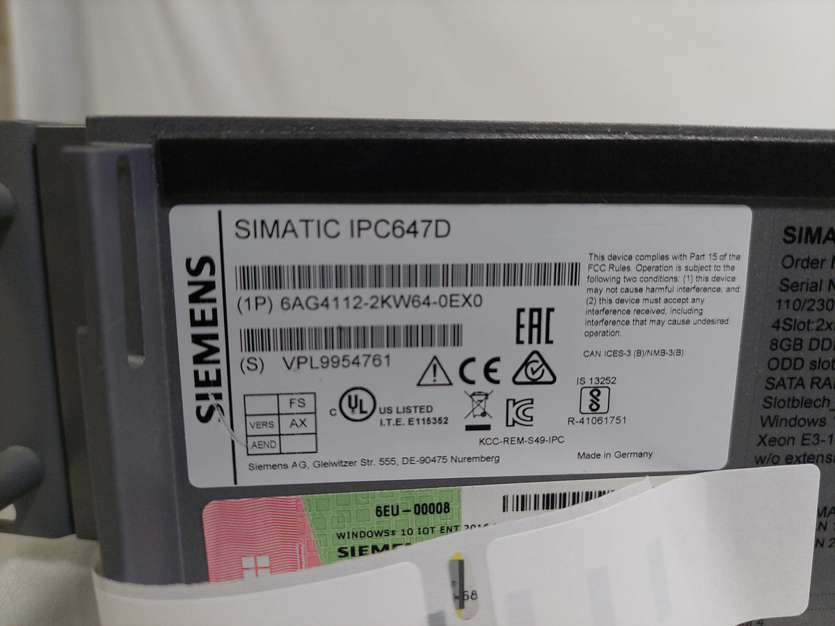 Siemens SIMATIC IPC647D 2U Industrial Rack PC Xeon E3-1268L v3 8GB No HDD