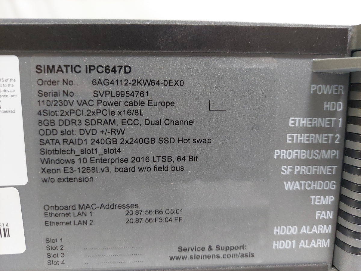 Siemens SIMATIC IPC647D 2U Industrial Rack PC Xeon E3-1268L v3 8GB No HDD