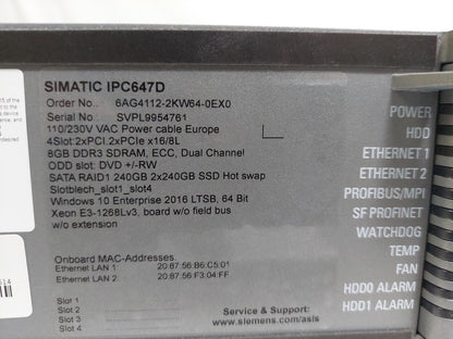 Siemens SIMATIC IPC647D 2U Industrial Rack PC Xeon E3-1268L v3 8GB No HDD
