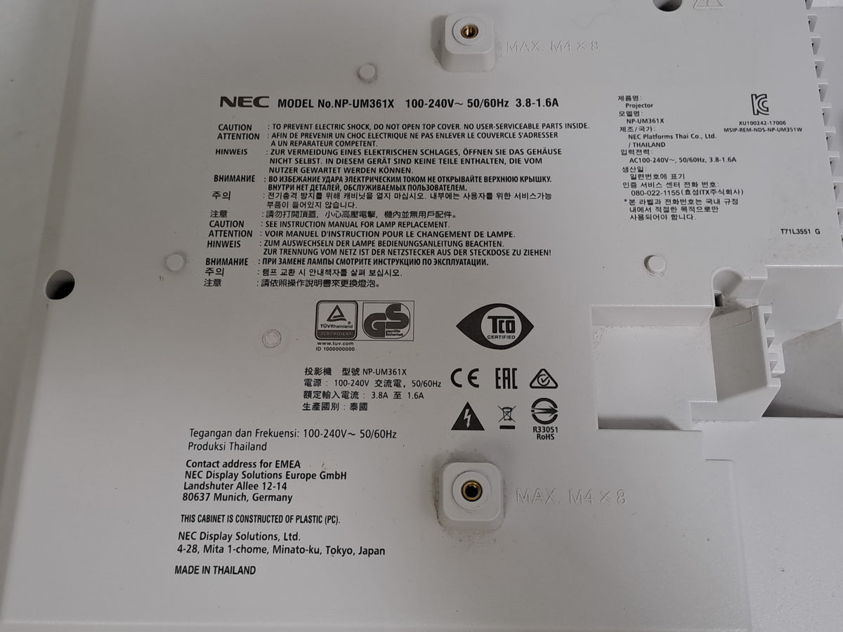 NEC NP-UM361X 3600lm XGA Ultra Short Throw 3LCD Projector 3150h Missing Cover