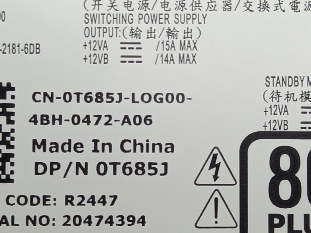 Dell 180W 80 Plus Bronze Power Supply 0T685J T685J