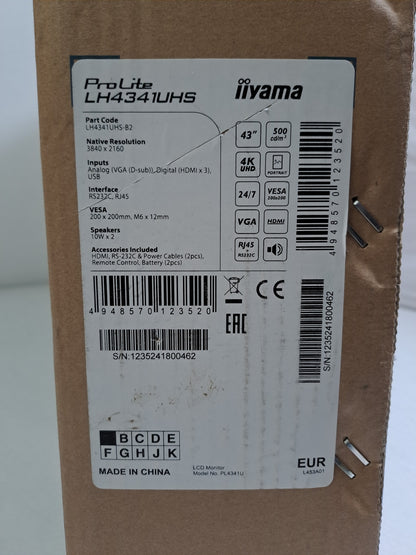 iiyama ProLite LH4341UHS-B2 43" 4K UHD IPS 500cd/m2 24/7 Digital Signage Display