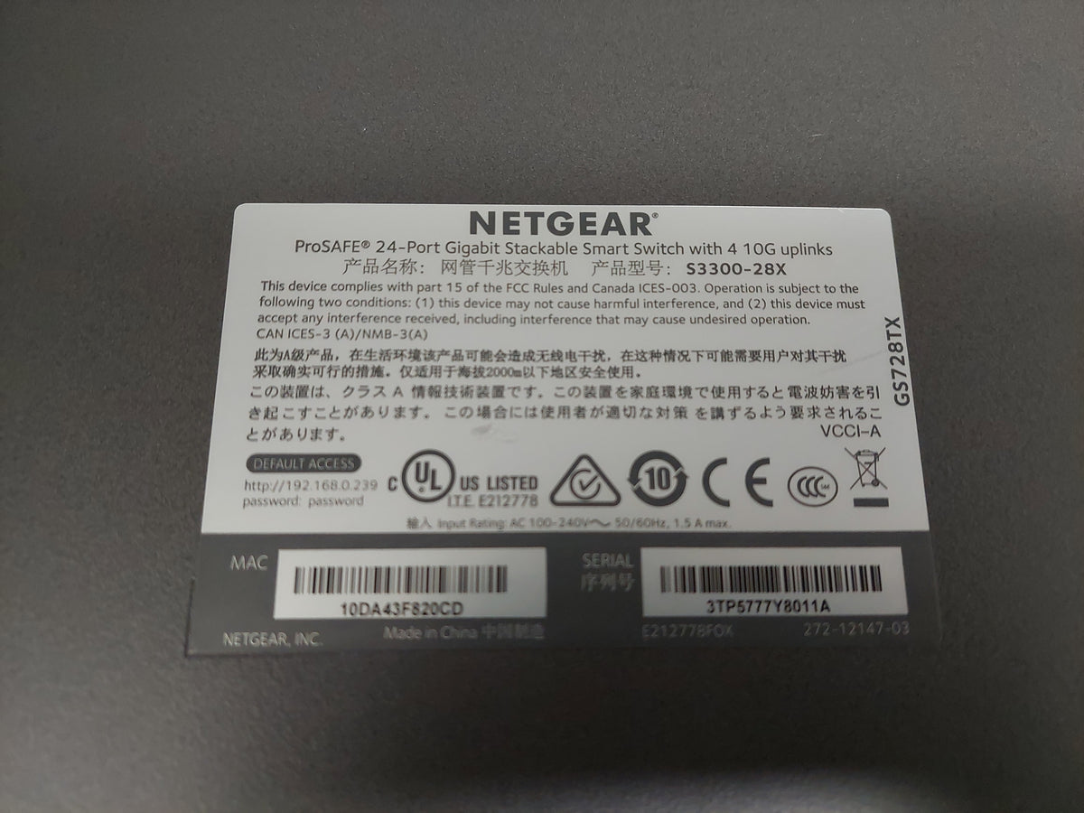 NETGEAR ProSAFE S3300-28X GS728TX 24-Port Gigabit 4x10G Stackable Managed Switch