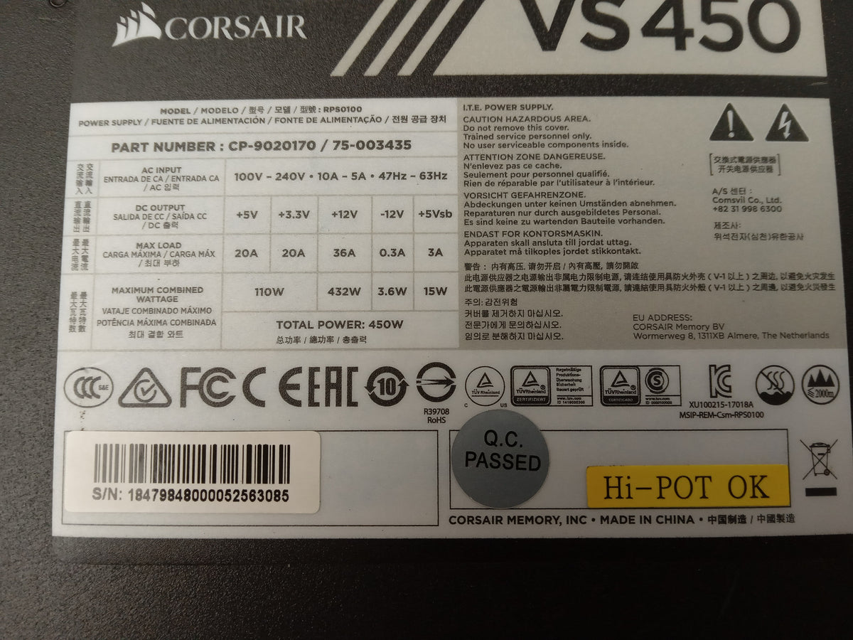 Corsair VS450 450W ATX Power Supply Unit CP-9020170 75-003435