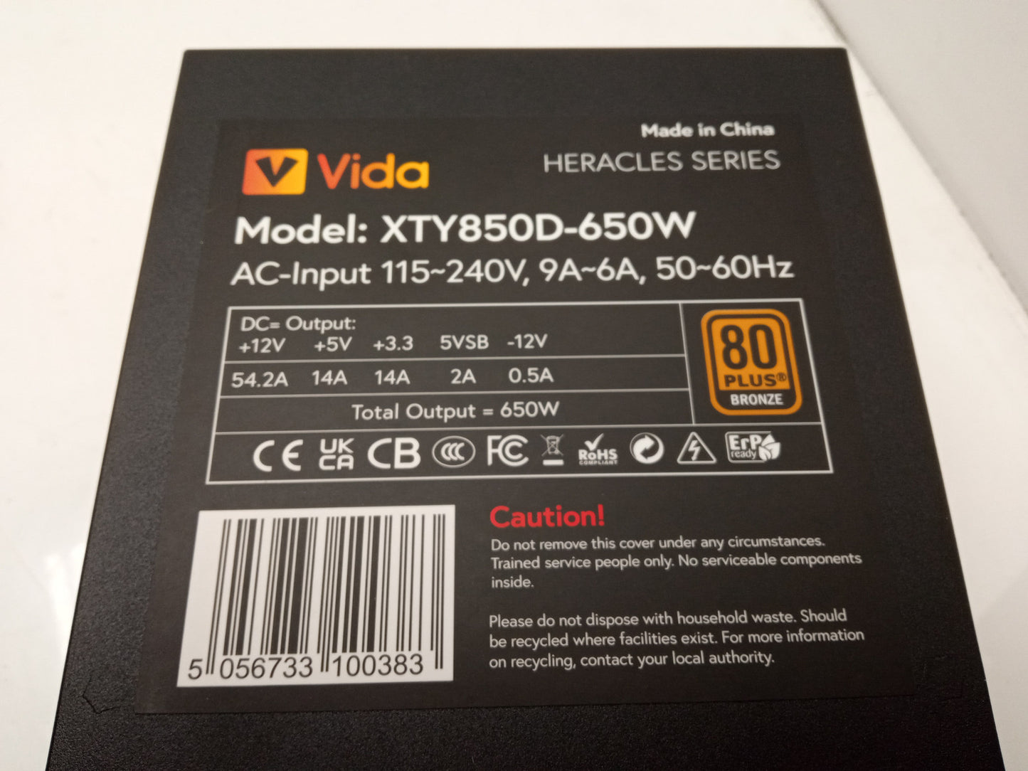 Vida Heracles Series 650W ATX Power Supply Unit XTY850D-650W