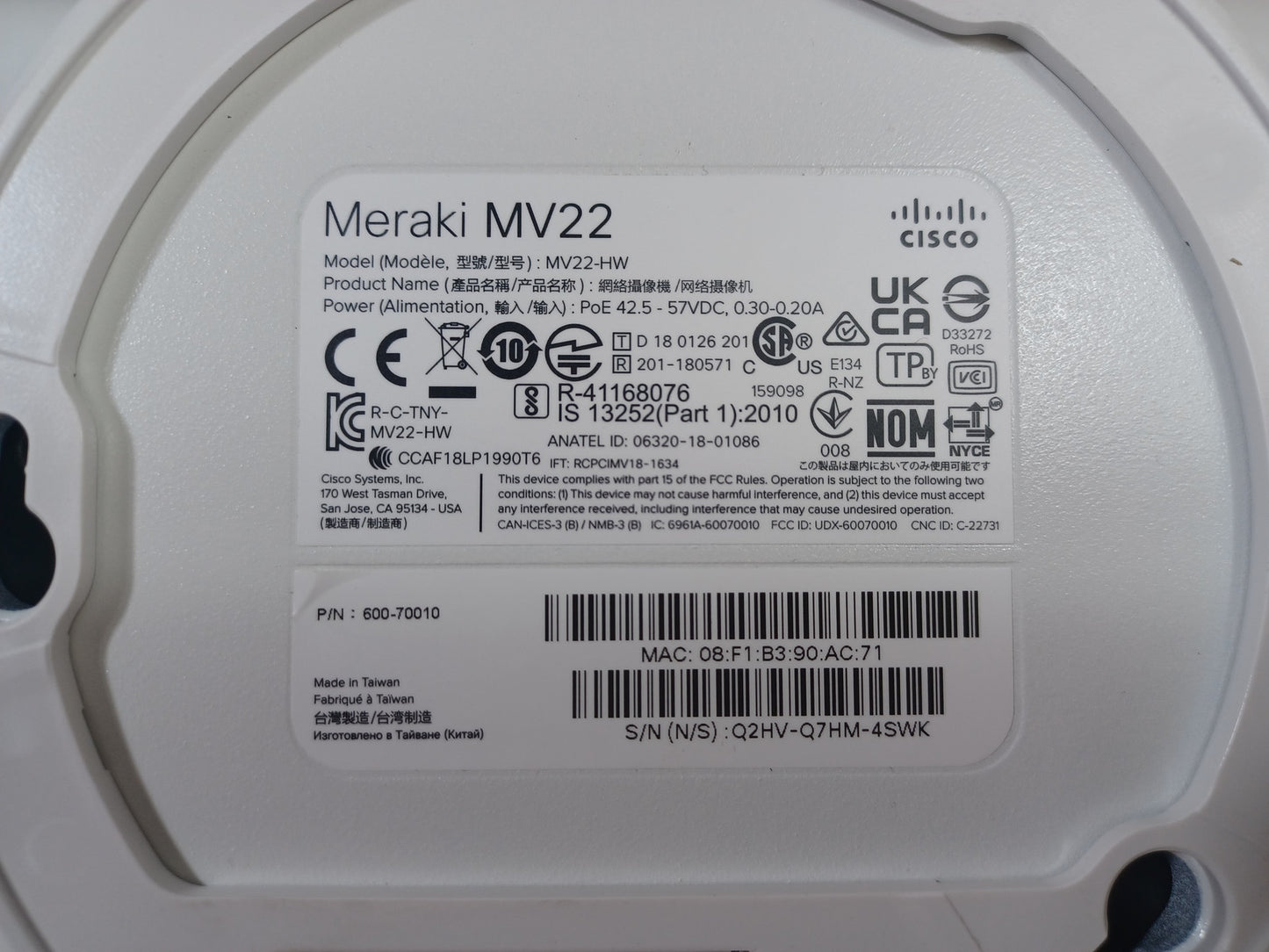 Cisco Meraki MV22-HW Indoor Varifocal MV22 Dome Camera