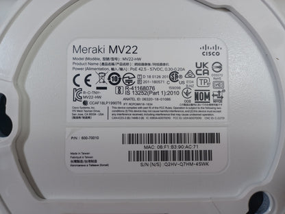 Cisco Meraki MV22-HW Indoor Varifocal MV22 Dome Camera