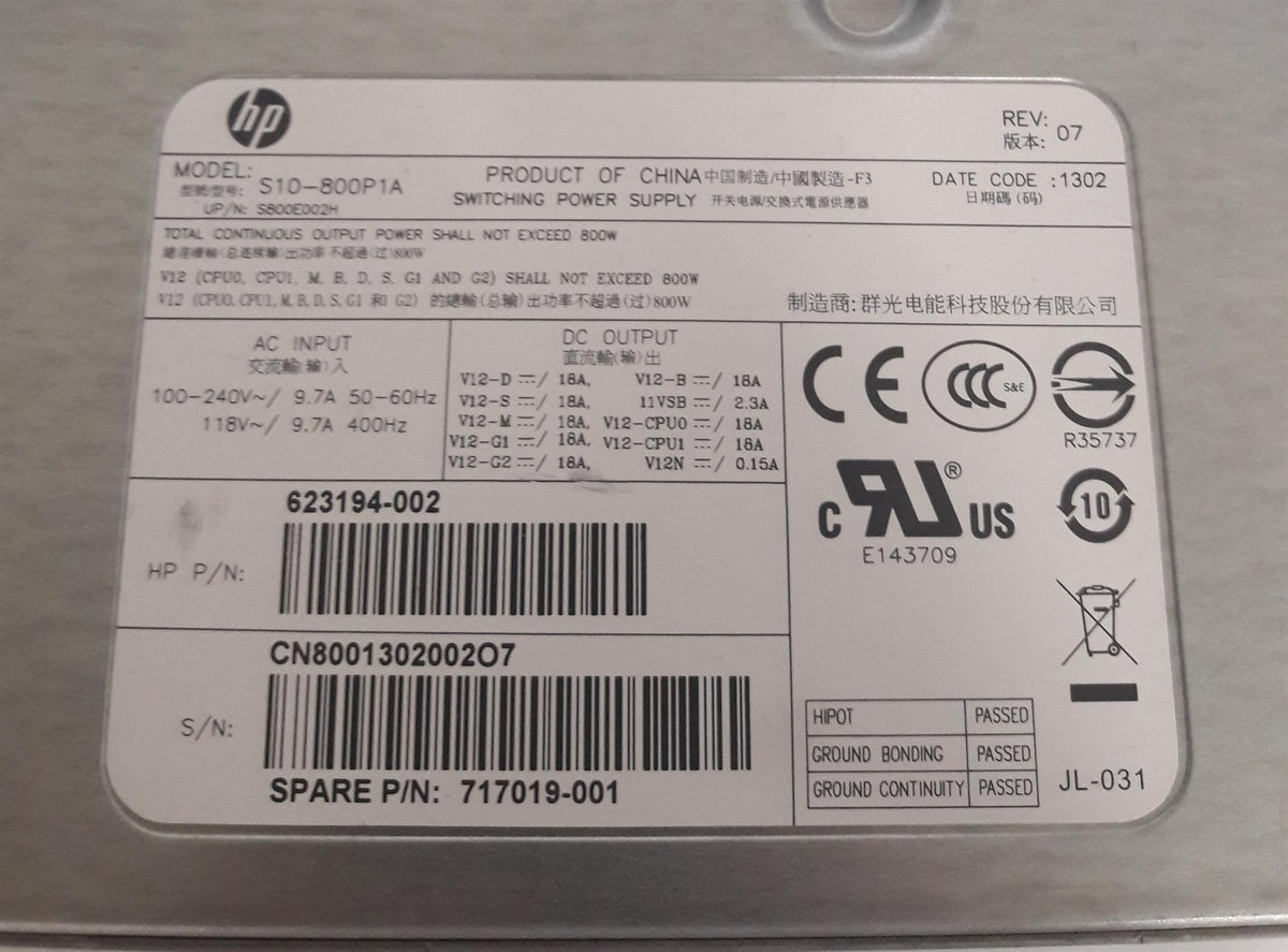 HP Z620 Workstation 800W Power Supply Unit 623194-002 717019-001