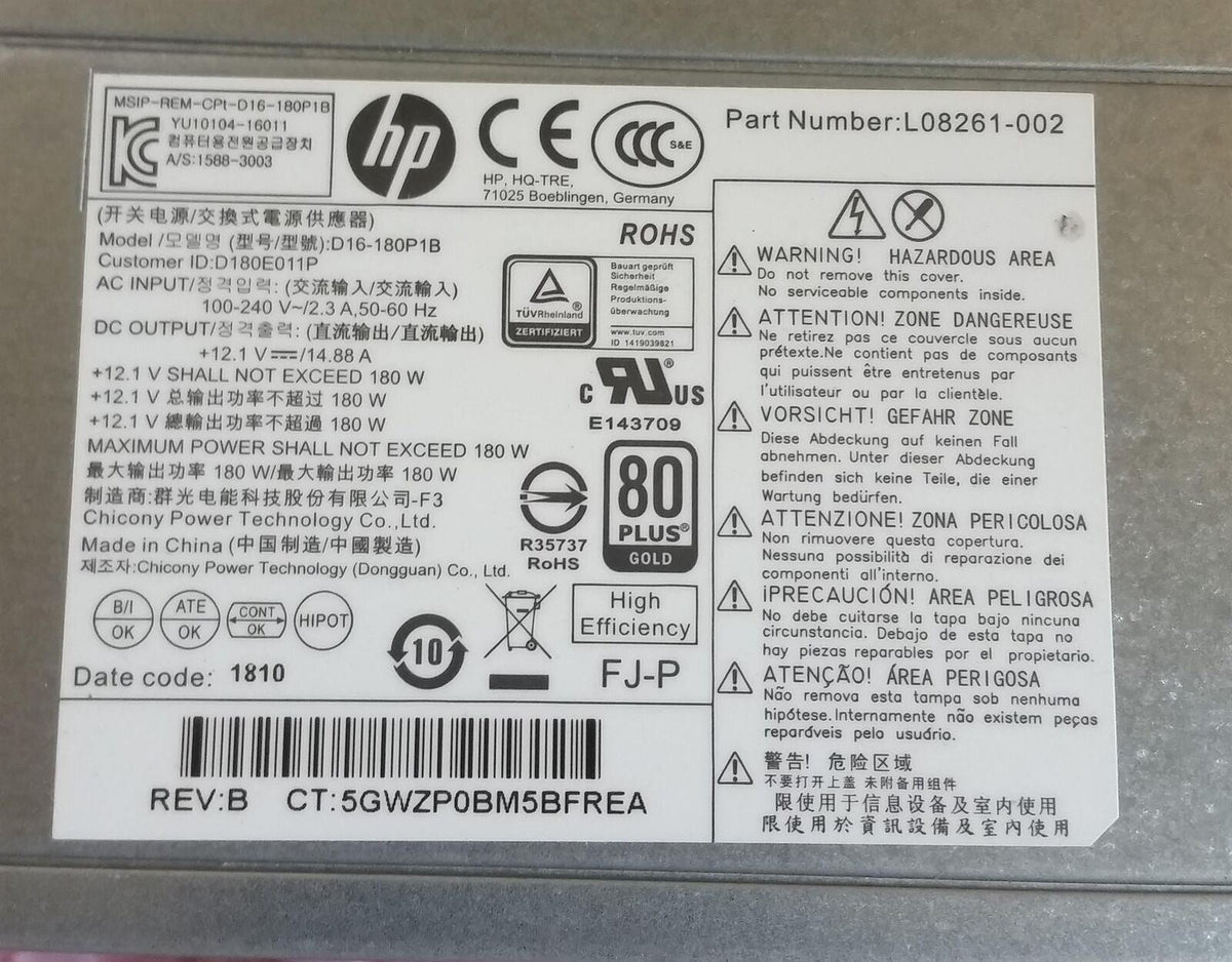 HP Slimline 180W Power Supply Unit L08261-002 D16-180P1B