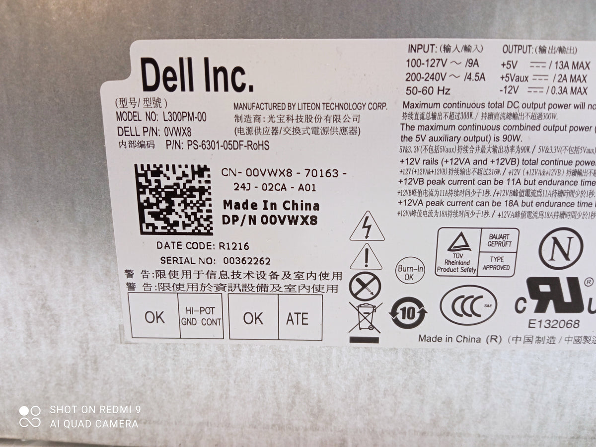 (DISPOSAL) Dell Inspiron 660 Vostro 270 300W Power Supply Unit 00VWX8 0VWX8