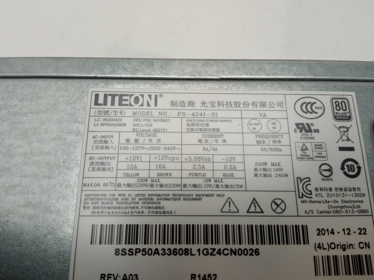 Lenovo ThinkCentre 240W LiteOn Power Supply Unit 54Y8921 PS-4241-01
